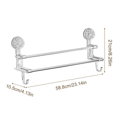 A clear, wall-mounted double towel rack with suction cups and two integrated hooks.