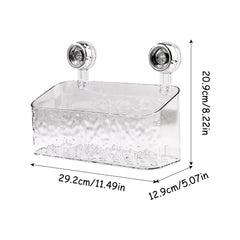 A clear rectangular shower organizer with two suction cups and labeled dimensions.