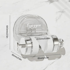 A clear plastic wall-mounted shower head holder with dimensions labeled in millimeters and inches.