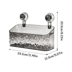 A rectangular, transparent grey shower organizer with two suction cup mounts and dimensions.