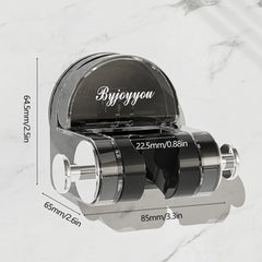 A black and clear plastic shower head holder with dimensions labeled in millimeters and inches.