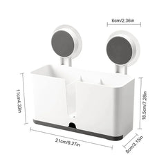 A white rectangular suction cup storage rack with two compartments and dimensions labeled.