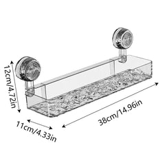A rectangular clear plastic shower shelf with two suction cups and labeled dimensions.