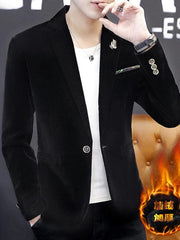 A black velvet single-breasted suit jacket with a notched lapel and fleece lining.