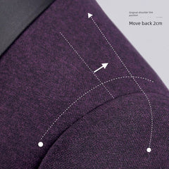 A close-up of a purple suit shoulder showing a diagram for a two-centimeter adjustment.