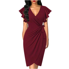 A burgundy knee-length wrap dress with a V-neckline and short flutter sleeves.
