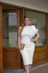 A woman wears a white, sleeveless, high-neck midi dress featuring a large ruffle on one shoulder.