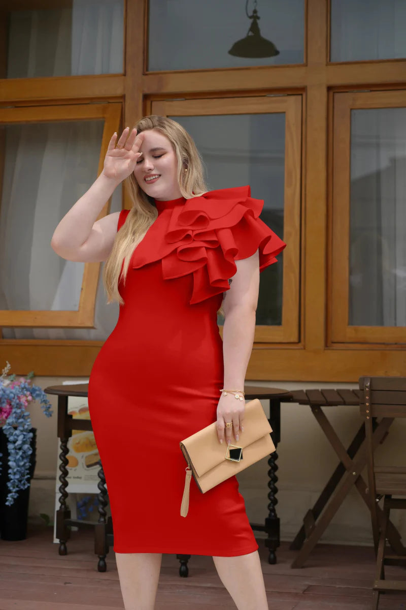 A woman wears a red, sleeveless, high-neck bodycon midi dress featuring a large shoulder ruffle.