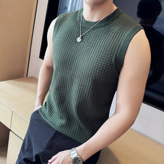 Summer Mesh Hollow Knitted Vest for Men's Slim Fit Elastic Sleeveless T-shirt Casual Social Streetwear Tee Tops Men Clothing - SHOWLU FASHION STORE