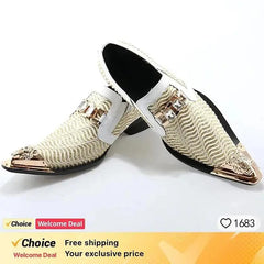 A pair of gold and white pointed-toe dress shoes with mesh detailing and metallic accents.