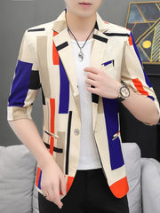 A man wears a slim-fit, half-sleeve casual blazer featuring a colorful geometric pattern.