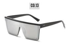 These K-style square sunglasses feature a black frame and a single reflective silver lens.