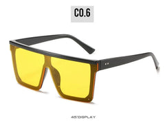 One-piece square sunglasses with a black frame and yellow lenses.