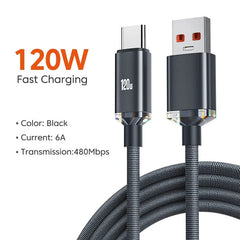 A black USB-A to USB-C charging cable with a braided cord and metallic connectors.
