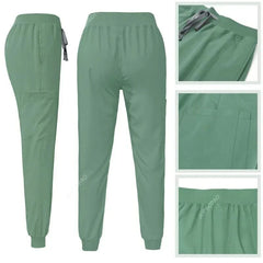 Sage green scrub pants with a drawstring waist, side pockets, and cuffed ankles.