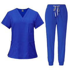 A royal blue women's scrub set featuring a V-neck top and jogger-style pants with a drawstring.
