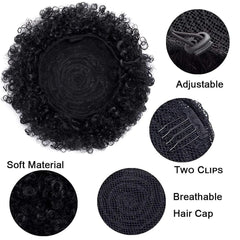 A kinky curly afro puff hair bun with an adjustable drawstring and two interior clips.