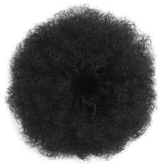 A black kinky curly synthetic afro puff drawstring ponytail hairpiece.