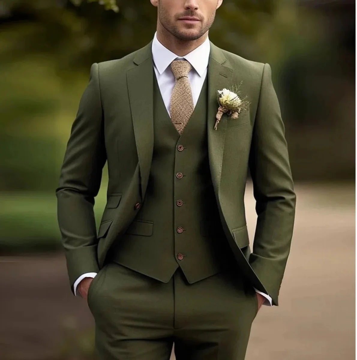 A man wears an olive green three-piece suit with a white shirt and a textured tan tie.