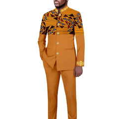 A mustard yellow two-piece men's suit featuring a stand collar and patterned upper chest panel.