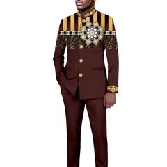 A brown two-piece men's suit featuring a stand-collar blazer with patterned chest detailing.