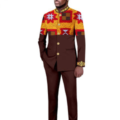 A man wears a brown two-piece suit featuring a stand collar and patterned African-style fabric.