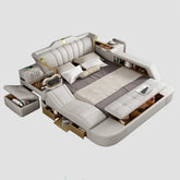 A multifunctional leather king-size smart bed with integrated storage, speakers, and massage unit.