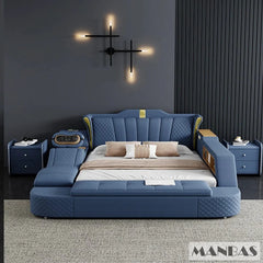 A blue upholstered smart bed with integrated storage, speakers, and a massage function.