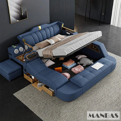A blue leather multifunctional smart bed with integrated storage, speakers, and massage features.