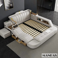 A white leather smart bed featuring integrated storage, bookshelves, and massage functions.