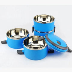 A set of three blue, stainless steel thermal lunch boxes with lids and side locking clips.