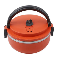 A round orange thermal lunch box with a black handle and side locking clips.