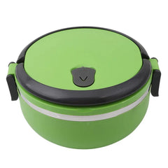 A round, green thermal lunch box with a black lid, side locking clips, and a central vent valve.