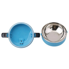 A blue thermal lunch box with a stainless steel interior and a matching lid with side latches.