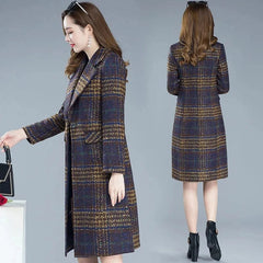 Thicken Plaid Woolen Jacket Women's 5XL Slim Mother Temperament Long Coat Warm Female Casual Overcoat - SHOWLU FASHION STORE
