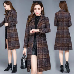 Thicken Plaid Woolen Jacket Women's 5XL Slim Mother Temperament Long Coat Warm Female Casual Overcoat - SHOWLU FASHION STORE