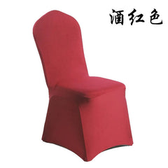 A wine red, one-piece stretch chair cover designed for hotel and wedding banquet seating.
