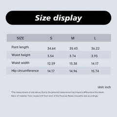A size chart table for women's yoga leggings showing measurements in inches for sizes S, M, and L.