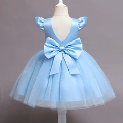 Toddler Girl Blue Beaded Tutu Gown 1 - 5 Years Baby Girl Birthday Party Dress Little Girl V - Back Bow Tulle Clothes Infant Costume - SHOWLU FASHION STORE