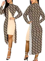 A woman wears a beige knee-length dress paired with a long-sleeved, printed open cardigan.