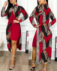 A woman wears a red knee-length dress paired with a long-sleeved, printed split-front cardigan.