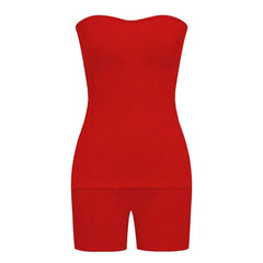 A red strapless knit top and matching shorts set in a slim-fit silhouette.