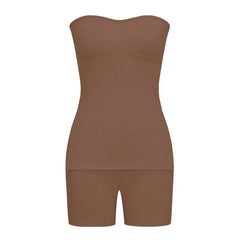 A brown strapless ribbed knit top and matching shorts set.