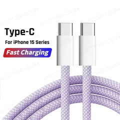 A purple braided USB-C to USB-C charging cable for iPhone 15 series devices.