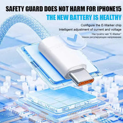 A white USB-C charging cable connector is shown resting on a digital circuit board background.