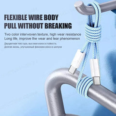 A blue braided USB-C cable wrapped around a metal bar.