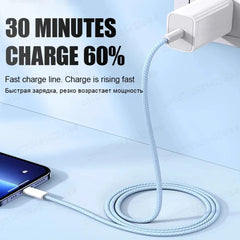A light blue braided USB-C cable connected to a wall charger and a smartphone.