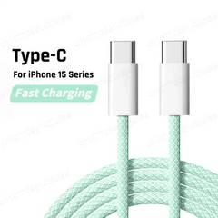 A mint green braided USB-C to USB-C charging cable for iPhone 15 series devices.