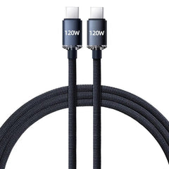 A black nylon braided USB-C to USB-C cable with 120W markings on the connector heads.