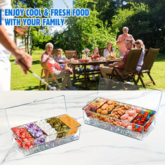 Two clear acrylic condiment server trays with lids and removable compartments filled with food.